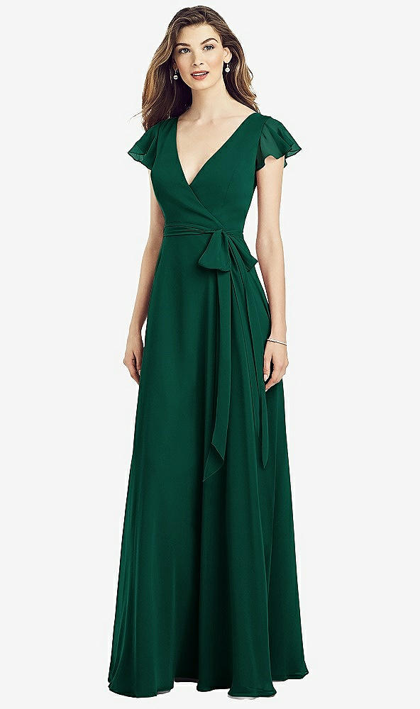 【STYLE: 6817】Flutter Sleeve Faux Wrap Chiffon Dress【COLOR: Hunter Green】