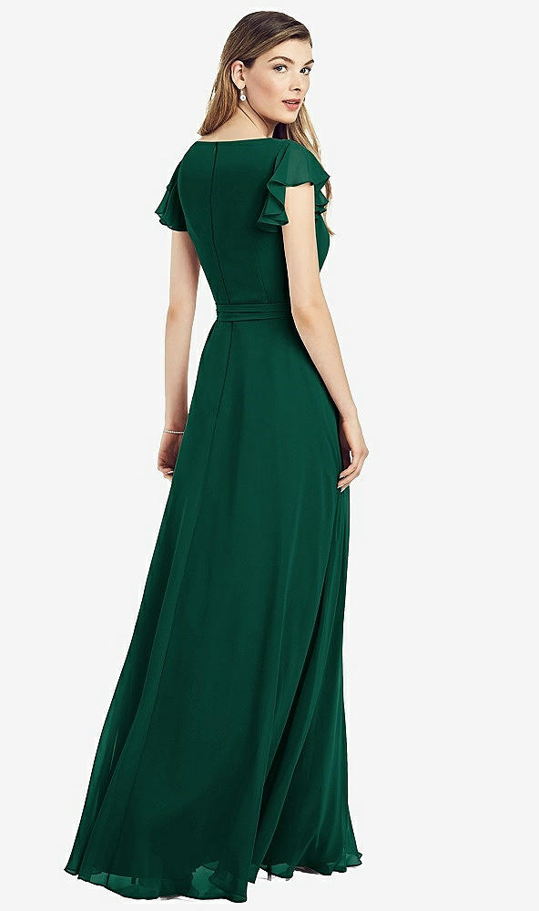 【STYLE: 6817】Flutter Sleeve Faux Wrap Chiffon Dress【COLOR: Hunter Green】