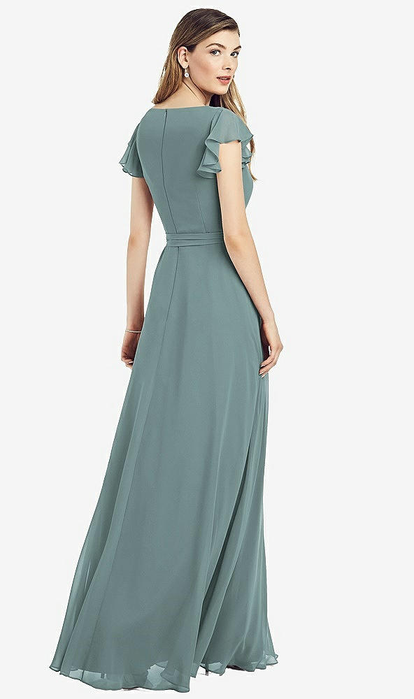 【STYLE: 6817】Flutter Sleeve Faux Wrap Chiffon Dress【COLOR: Icelandic】