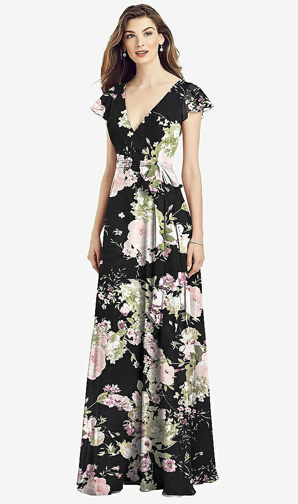 【NEW】【STYLE: 6817】フラッター 袖 フェイク ラップ シフォン ドレス【COLOR: Noir Garden】【SIZE: 00-30W】