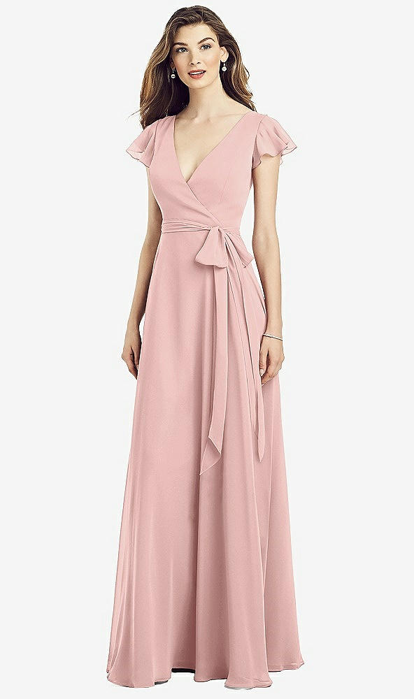【STYLE: 6817】Flutter Sleeve Faux Wrap Chiffon Dress【COLOR: Rose - PANTONE Rose Quartz】