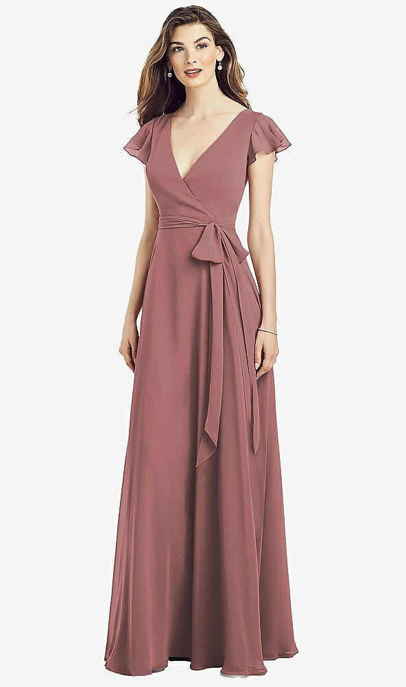 【STYLE: 6817】Flutter Sleeve Faux Wrap Chiffon Dress【COLOR: Rosewood】