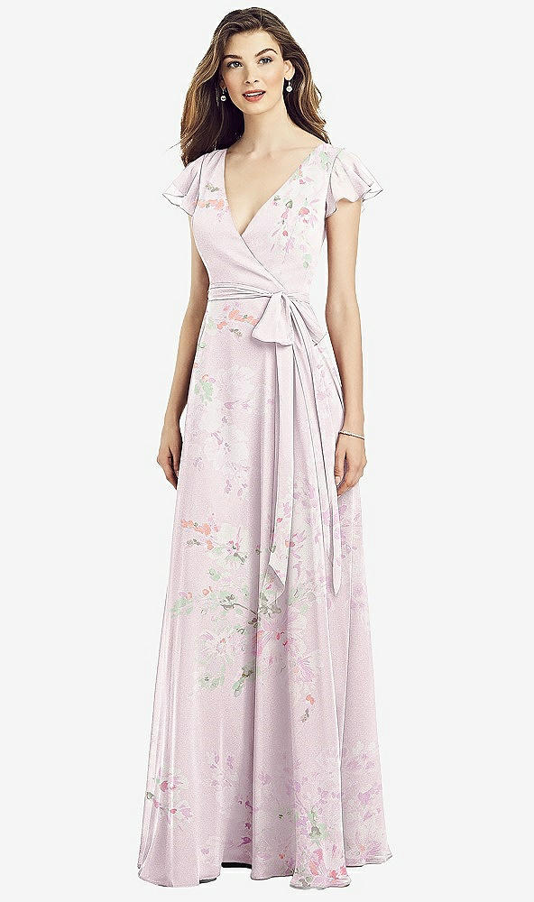 【STYLE: 6817】Flutter Sleeve Faux Wrap Chiffon Dress【COLOR: Watercolor Print】