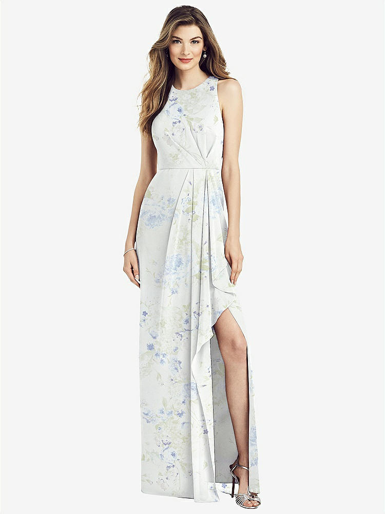 【STYLE: 6818】Sleeveless Chiffon Dress with Draped Front Slit【COLOR: Bleu Garden】