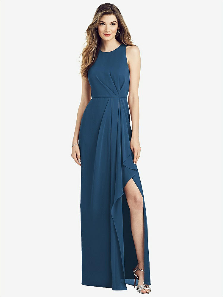 【STYLE: 6818】Sleeveless Chiffon Dress with Draped Front Slit【COLOR: Dusk Blue】