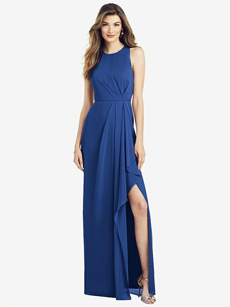 【STYLE: 6818】Sleeveless Chiffon Dress with Draped Front Slit【COLOR: Classic Blue】