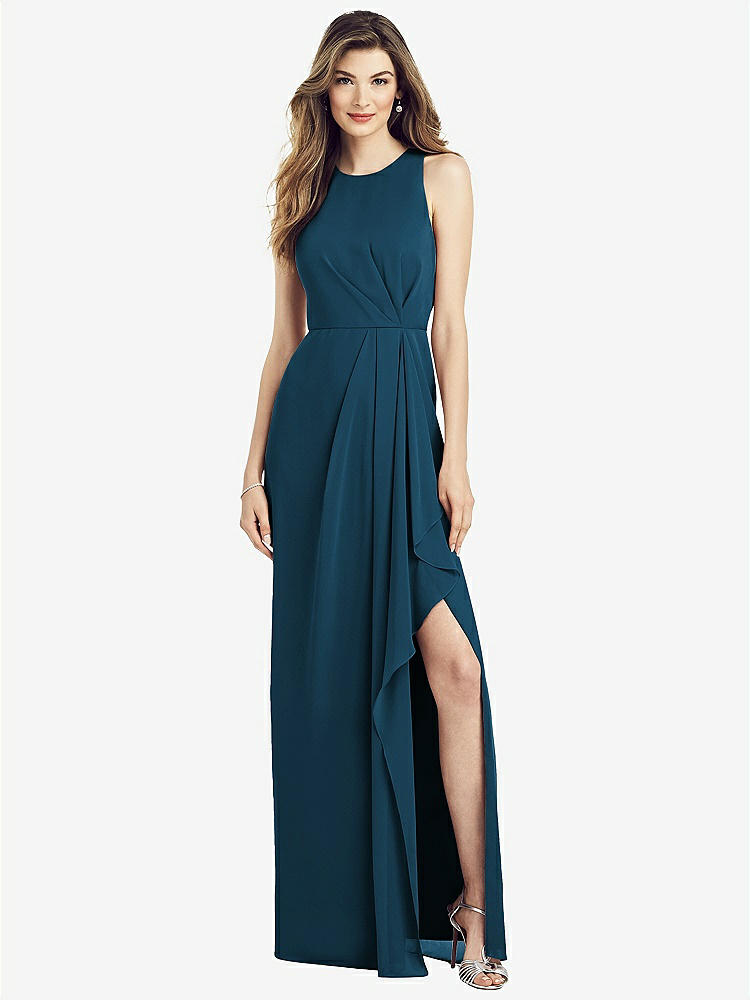 【STYLE: 6818】Sleeveless Chiffon Dress with Draped Front Slit【COLOR: Atlantic Blue】