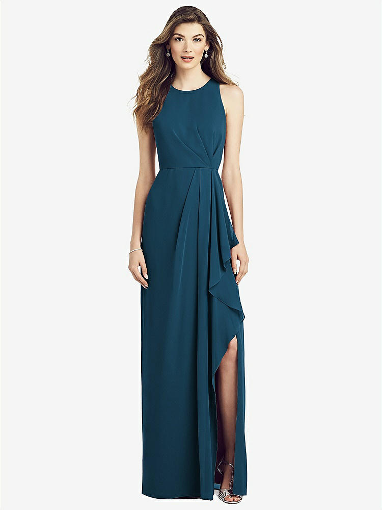 【STYLE: 6818】Sleeveless Chiffon Dress with Draped Front Slit【COLOR: Atlantic Blue】