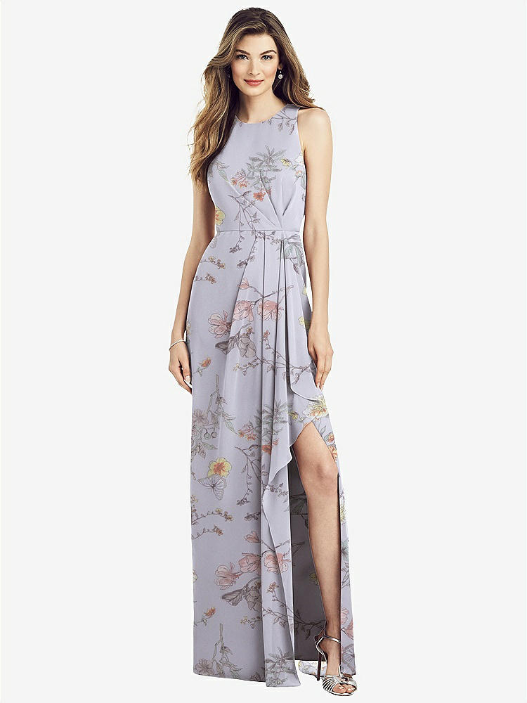 【STYLE: 6818】Sleeveless Chiffon Dress with Draped Front Slit【COLOR: Butterfly Botanica Silver Dove】