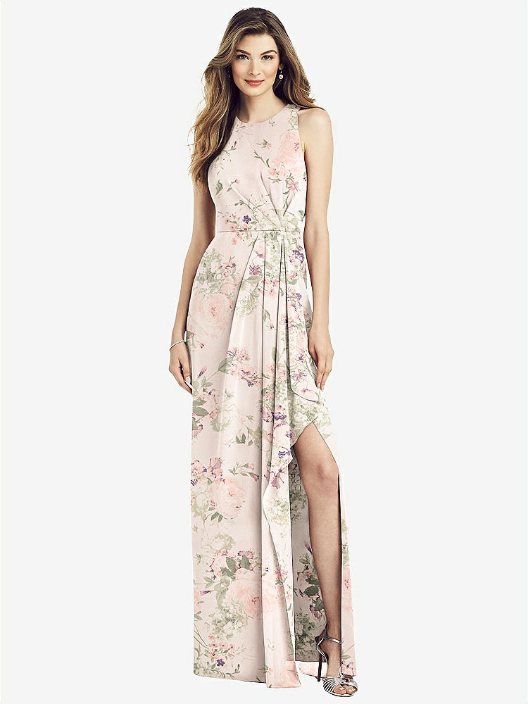 【STYLE: 6818】Sleeveless Chiffon Dress with Draped Front Slit【COLOR: Blush Garden】