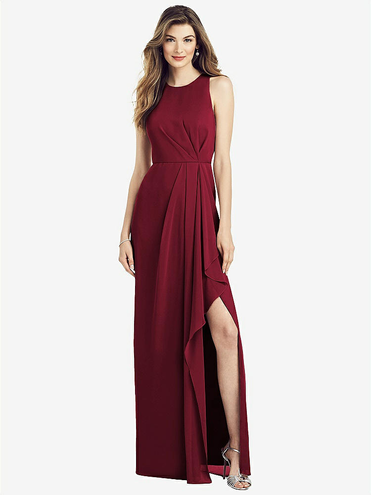 【STYLE: 6818】Sleeveless Chiffon Dress with Draped Front Slit【COLOR: Burgundy】