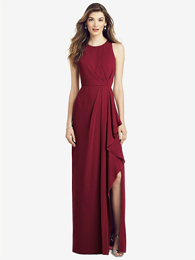 【STYLE: 6818】Sleeveless Chiffon Dress with Draped Front Slit【COLOR: Burgundy】