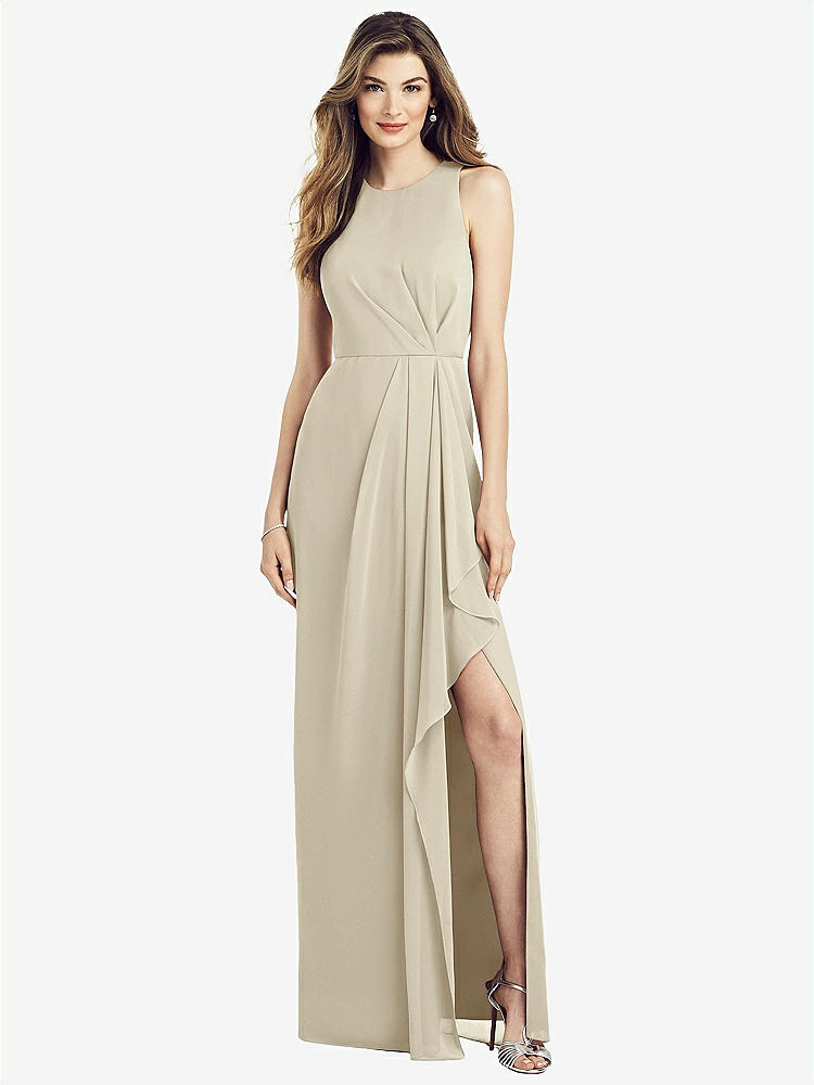 【STYLE: 6818】Sleeveless Chiffon Dress with Draped Front Slit【COLOR: Champagne】