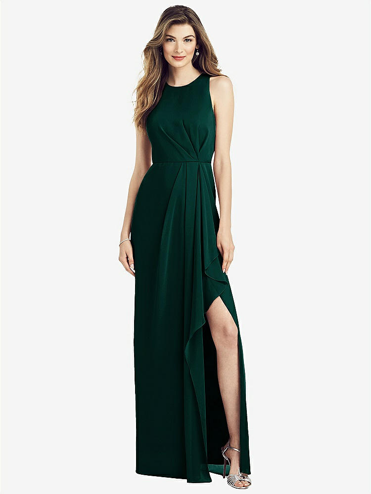 【STYLE: 6818】Sleeveless Chiffon Dress with Draped Front Slit【COLOR: Evergreen】