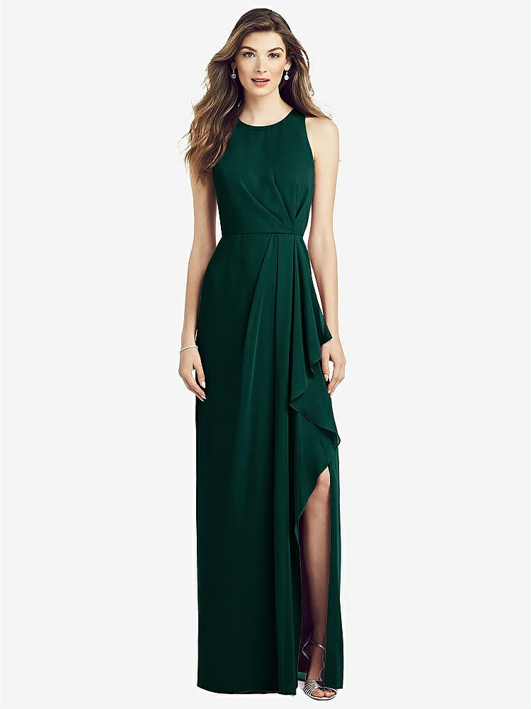【STYLE: 6818】Sleeveless Chiffon Dress with Draped Front Slit【COLOR: Evergreen】