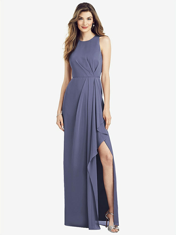 【STYLE: 6818】Sleeveless Chiffon Dress with Draped Front Slit【COLOR: French Blue】