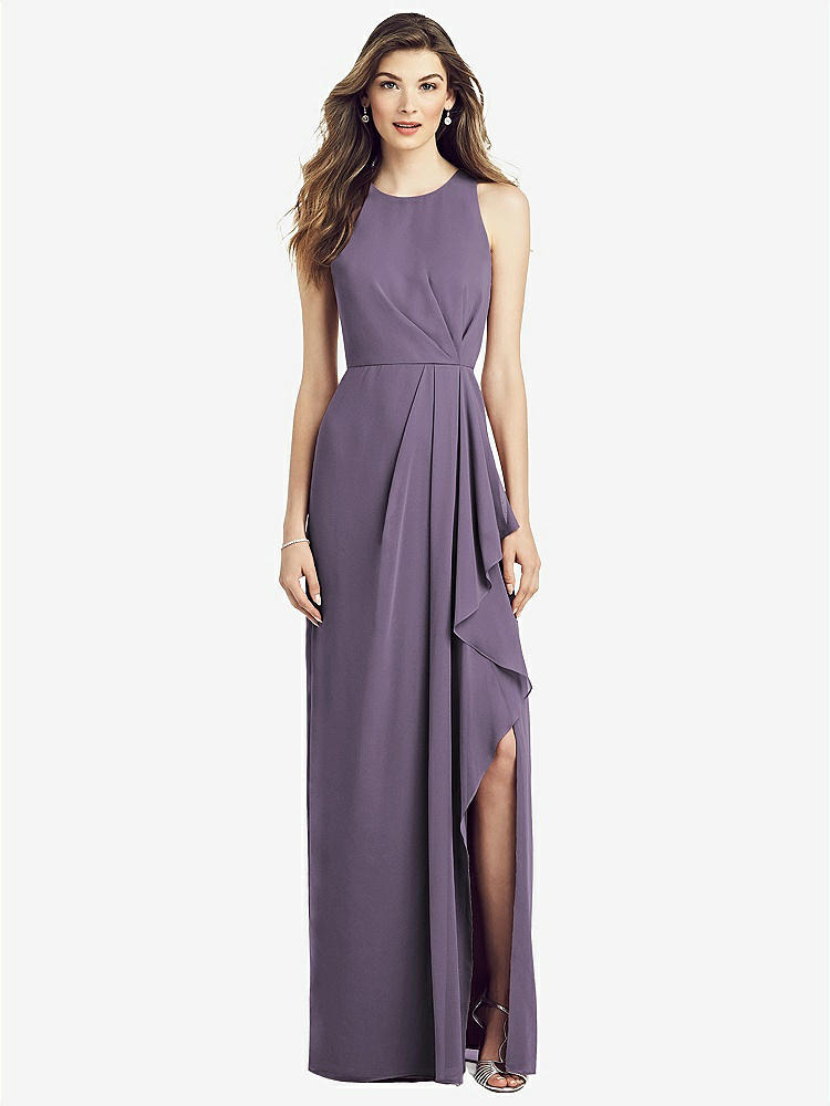 【STYLE: 6818】Sleeveless Chiffon Dress with Draped Front Slit【COLOR: Lavender】