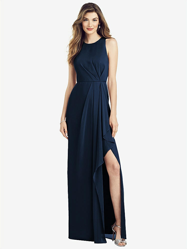 【STYLE: 6818】Sleeveless Chiffon Dress with Draped Front Slit【COLOR: Midnight Navy】