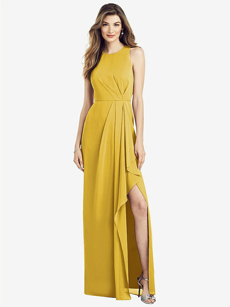 【STYLE: 6818】Sleeveless Chiffon Dress with Draped Front Slit【COLOR: Marigold】