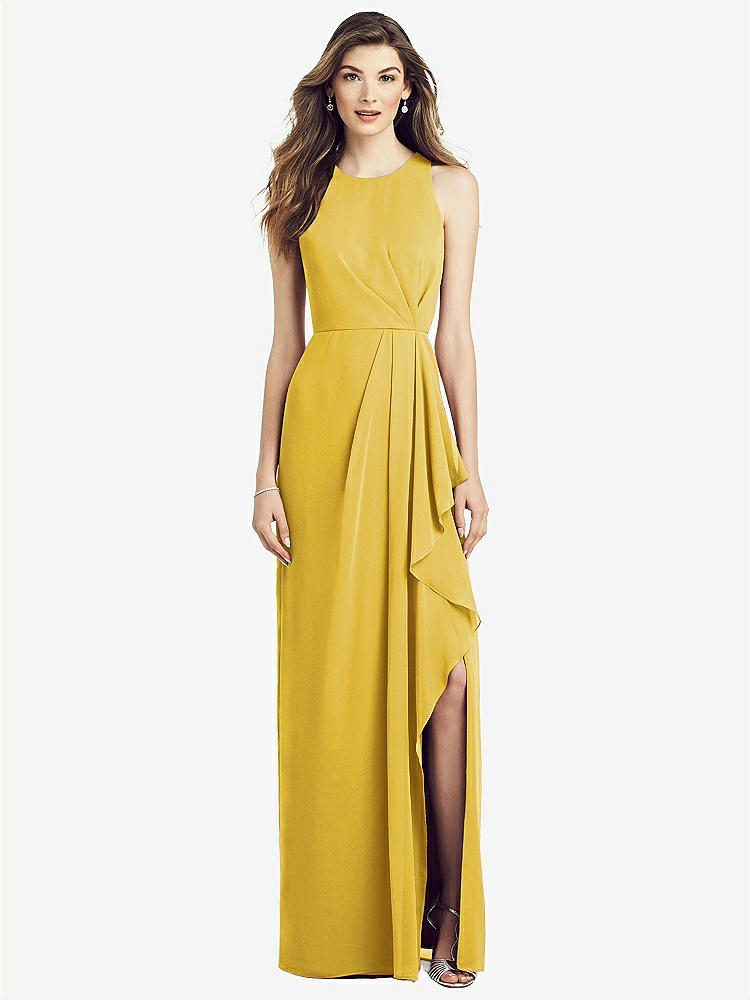 【STYLE: 6818】Sleeveless Chiffon Dress with Draped Front Slit【COLOR: Marigold】