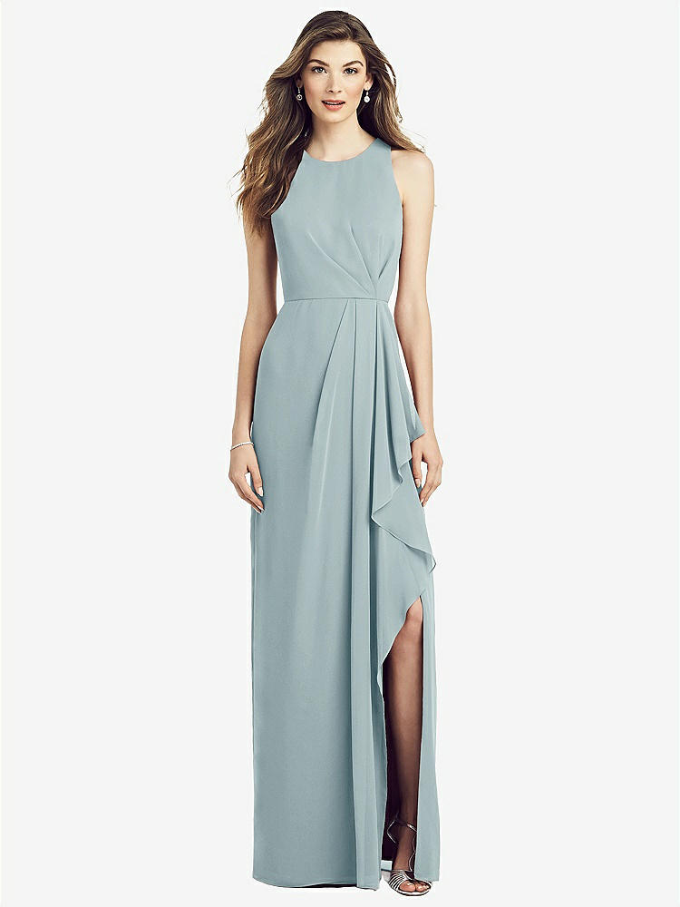 【STYLE: 6818】Sleeveless Chiffon Dress with Draped Front Slit【COLOR: Morning Sky】