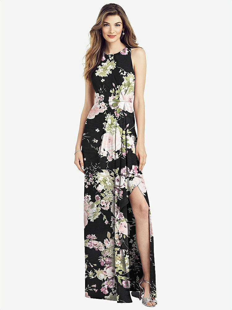 【STYLE: 6818】Sleeveless Chiffon Dress with Draped Front Slit【COLOR: Noir Garden】