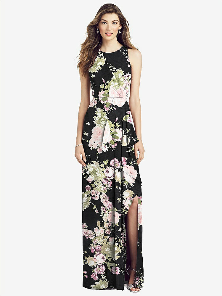 【STYLE: 6818】Sleeveless Chiffon Dress with Draped Front Slit【COLOR: Noir Garden】