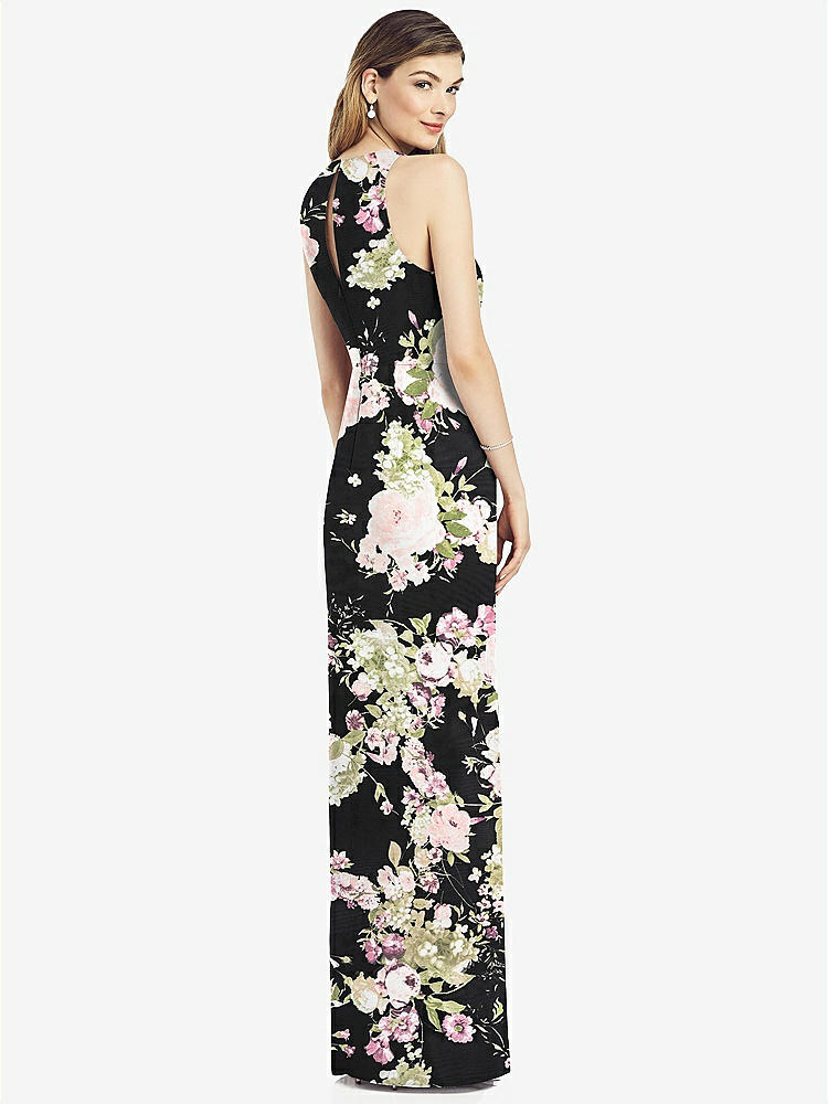 【STYLE: 6818】Sleeveless Chiffon Dress with Draped Front Slit【COLOR: Noir Garden】