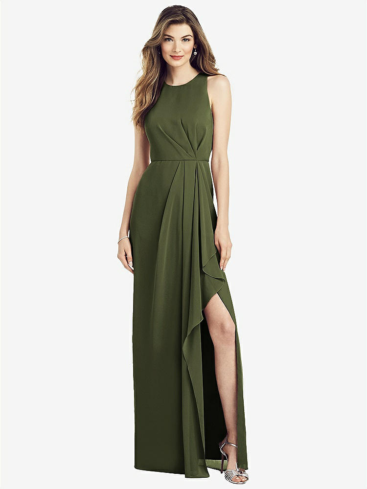 【STYLE: 6818】Sleeveless Chiffon Dress with Draped Front Slit【COLOR: Olive Green】