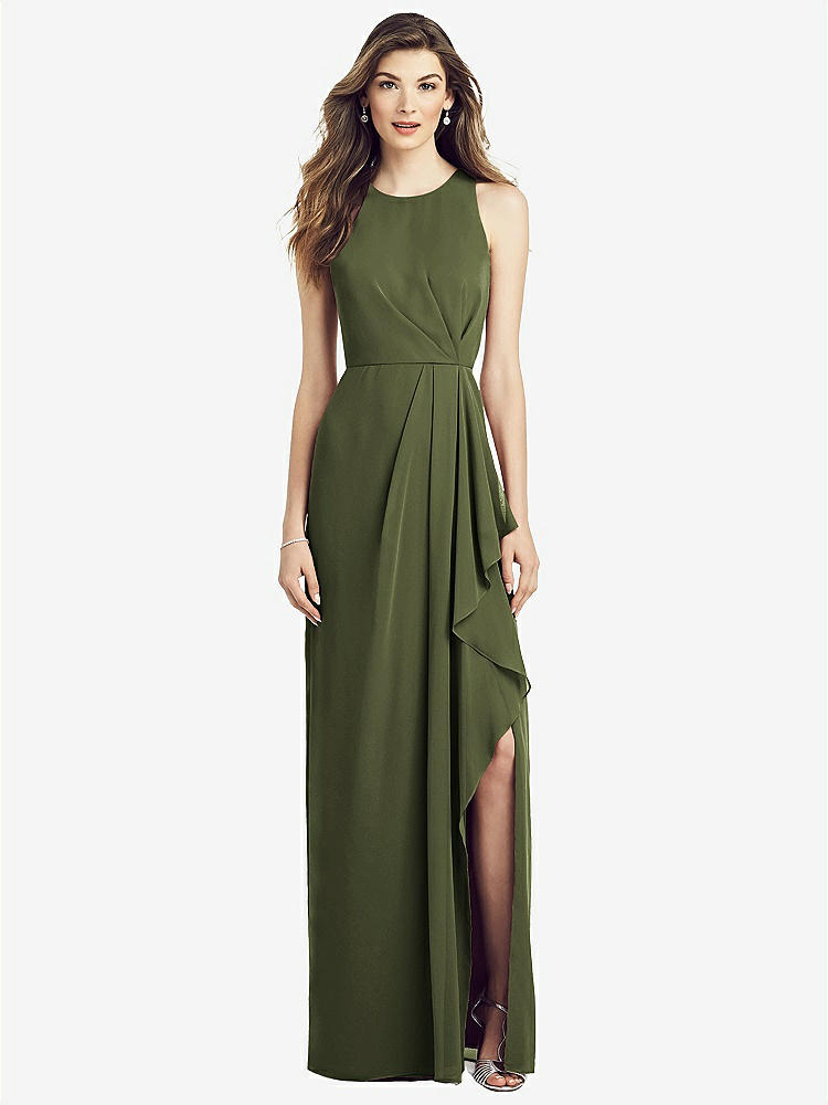 【STYLE: 6818】Sleeveless Chiffon Dress with Draped Front Slit【COLOR: Olive Green】