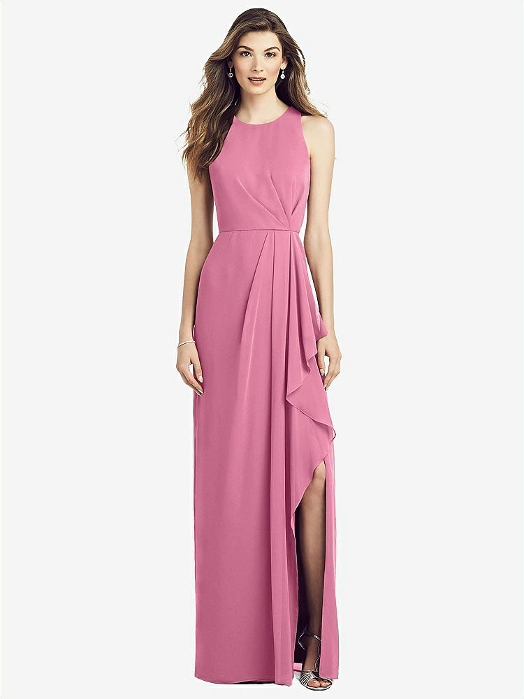 【STYLE: 6818】Sleeveless Chiffon Dress with Draped Front Slit【COLOR: Orchid Pink】