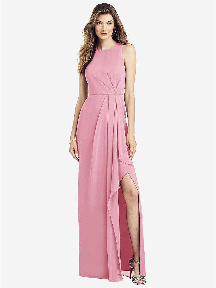 【STYLE: 6818】Sleeveless Chiffon Dress with Draped Front Slit【COLOR: Peony Pink】