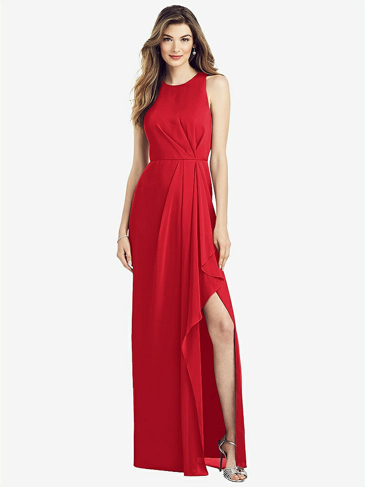 【STYLE: 6818】Sleeveless Chiffon Dress with Draped Front Slit【COLOR: Parisian Red】