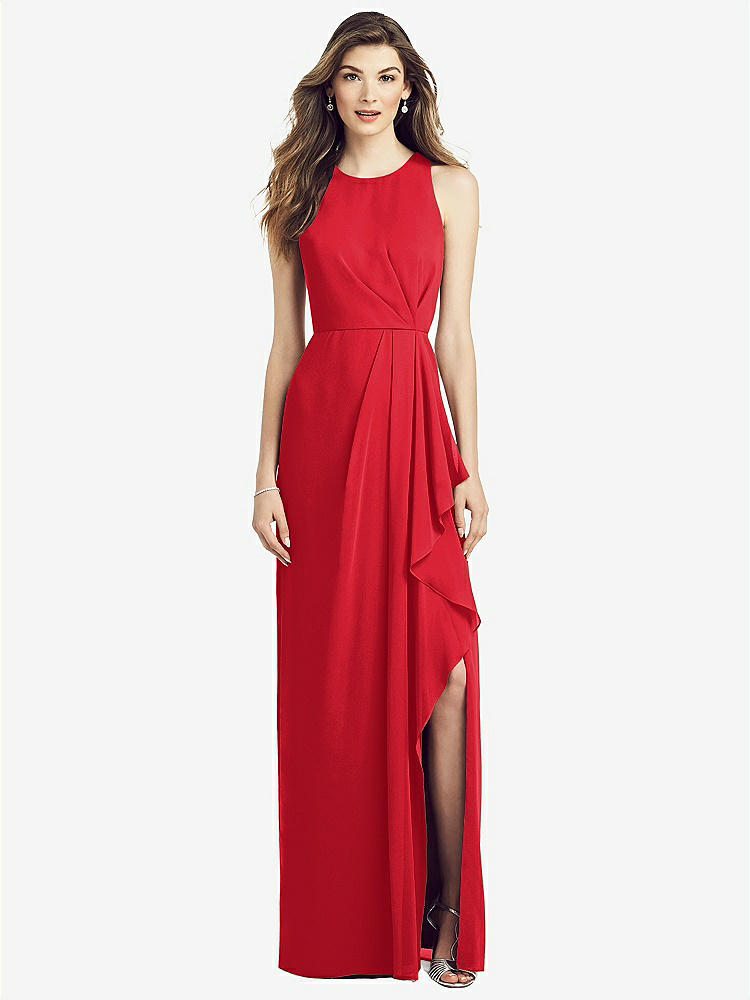【STYLE: 6818】Sleeveless Chiffon Dress with Draped Front Slit【COLOR: Parisian Red】