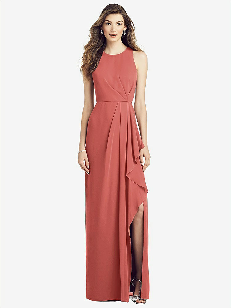 【STYLE: 6818】Sleeveless Chiffon Dress with Draped Front Slit【COLOR: Coral Pink】