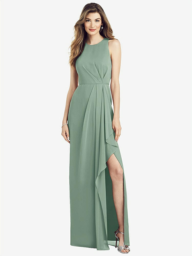 【STYLE: 6818】Sleeveless Chiffon Dress with Draped Front Slit【COLOR: Seagrass】