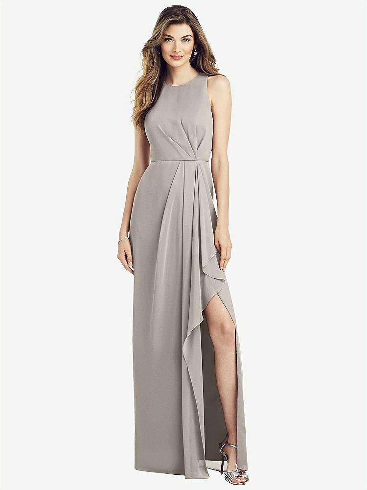 【STYLE: 6818】Sleeveless Chiffon Dress with Draped Front Slit【COLOR: Taupe】