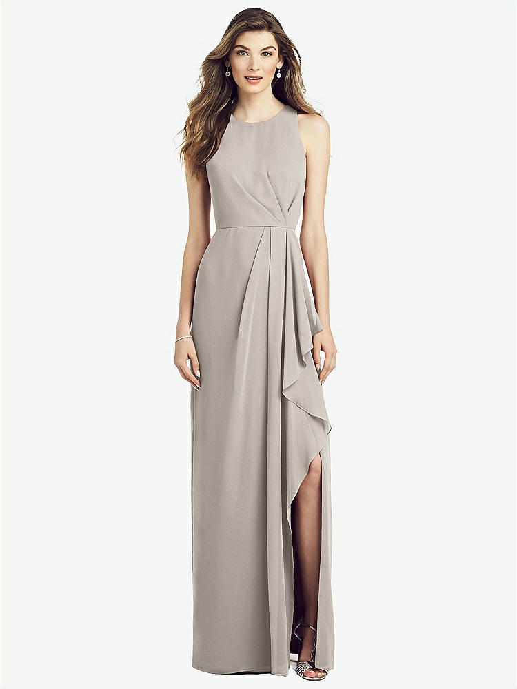 【STYLE: 6818】Sleeveless Chiffon Dress with Draped Front Slit【COLOR: Taupe】