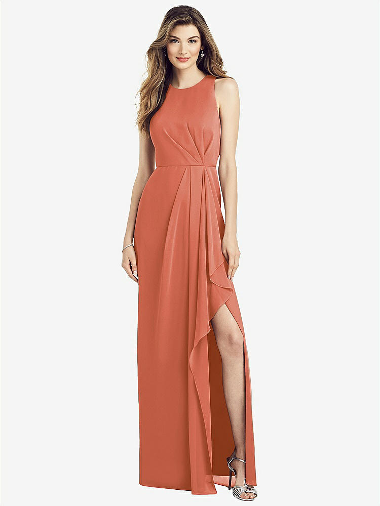 【STYLE: 6818】Sleeveless Chiffon Dress with Draped Front Slit【COLOR: Terracotta Copper】