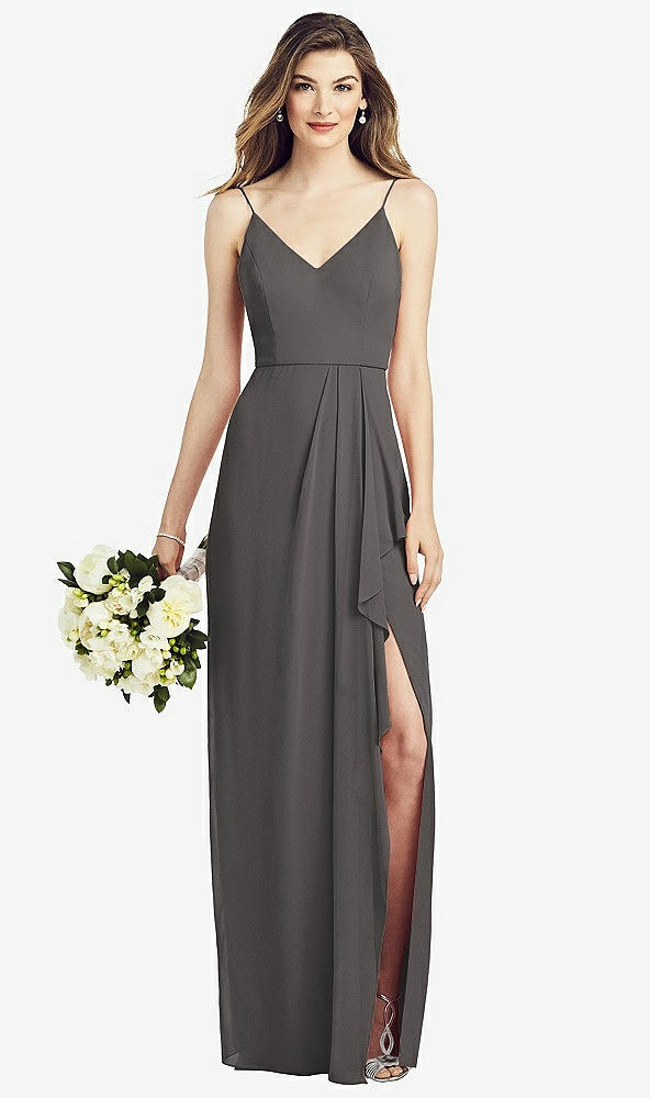 【NEW】【STYLE: 6820】スパゲッティ ストラップ ドレープ スカート ガウン 前面 スリット【COLOR: Caviar Gray】【SIZE: 00-30W】