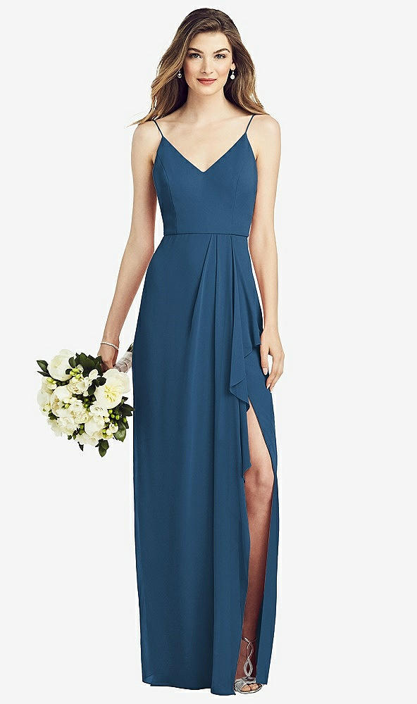 【STYLE: 6820】Spaghetti Strap Draped Skirt Gown with Front Slit【COLOR: Dusk Blue】