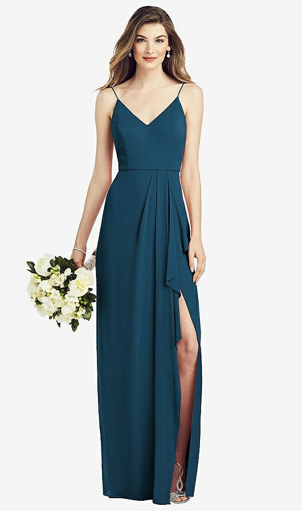 【STYLE: 6820】Spaghetti Strap Draped Skirt Gown with Front Slit【COLOR: Atlantic Blue】
