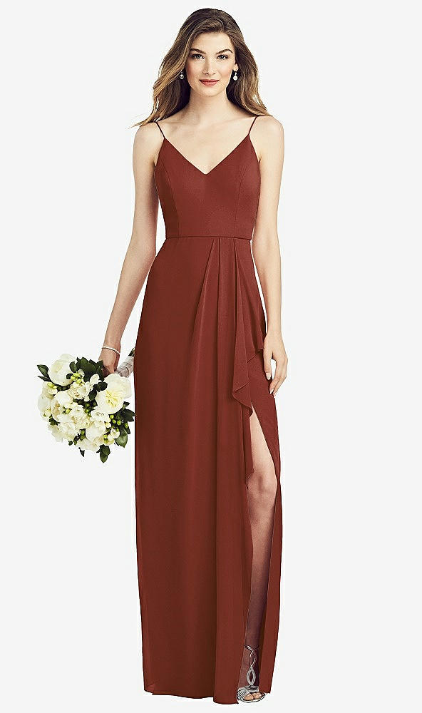 【STYLE: 6820】Spaghetti Strap Draped Skirt Gown with Front Slit【COLOR: Auburn Moon】