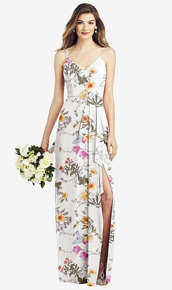 【STYLE: 6820】Spaghetti Strap Draped Skirt Gown with Front Slit【COLOR: Butterfly Botanica Ivory】