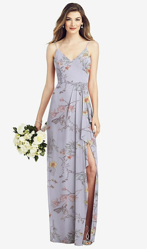 【STYLE: 6820】Spaghetti Strap Draped Skirt Gown with Front Slit【COLOR: Butterfly Botanica Silver Dove】