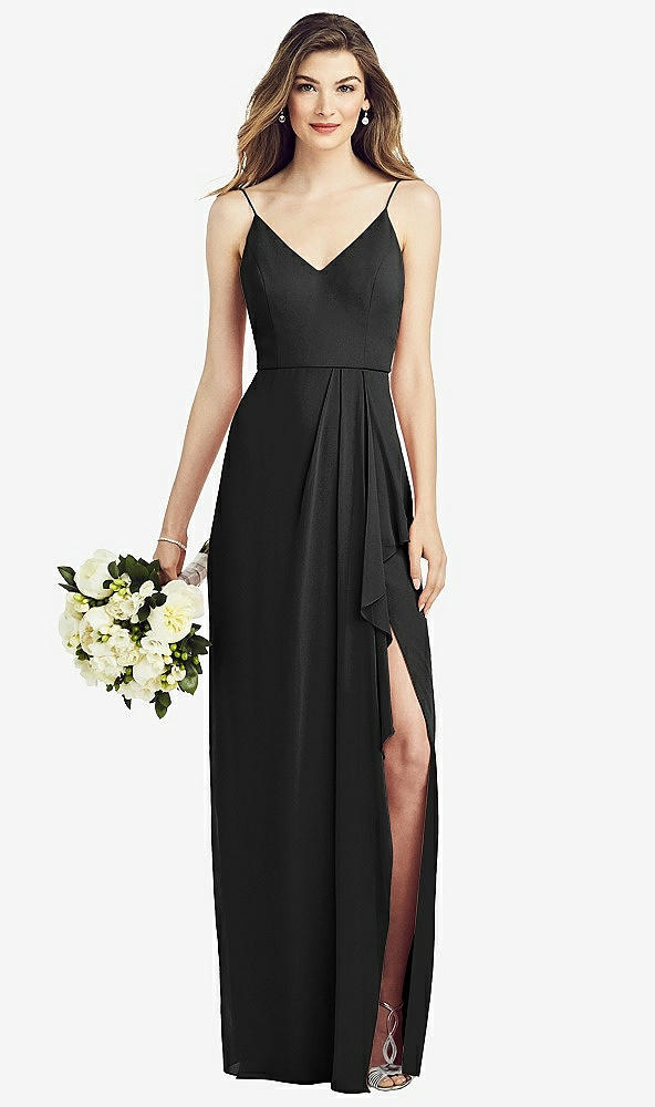 【STYLE: 6820】Spaghetti Strap Draped Skirt Gown with Front Slit【COLOR: Black】