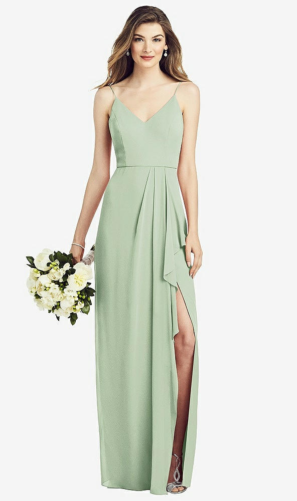 【STYLE: 6820】Spaghetti Strap Draped Skirt Gown with Front Slit【COLOR: Celadon】