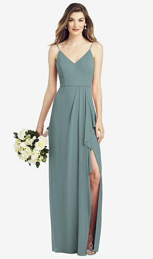 【STYLE: 6820】Spaghetti Strap Draped Skirt Gown with Front Slit【COLOR: Icelandic】