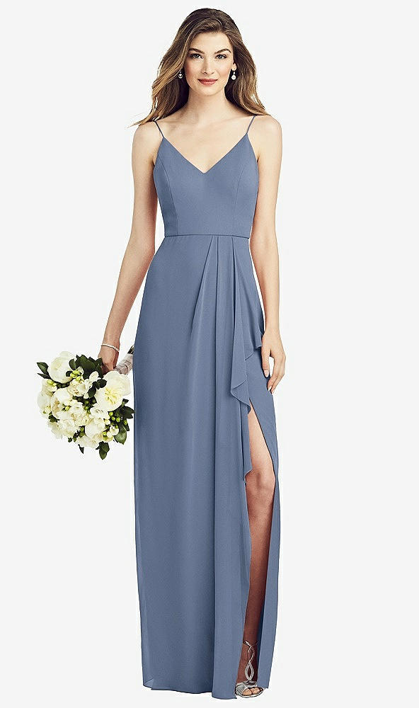 【STYLE: 6820】Spaghetti Strap Draped Skirt Gown with Front Slit【COLOR: Larkspur Blue】