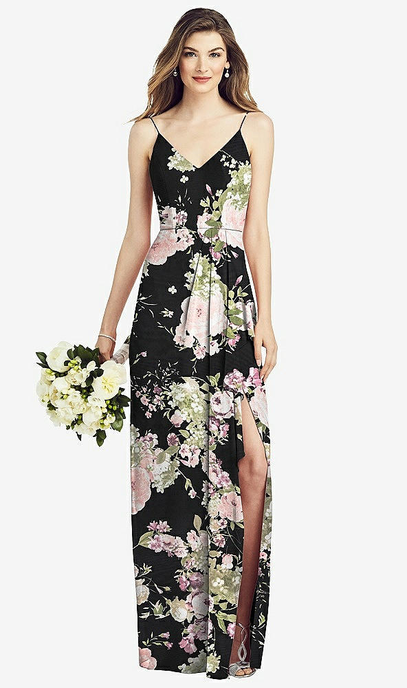 【STYLE: 6820】Spaghetti Strap Draped Skirt Gown with Front Slit【COLOR: Noir Garden】